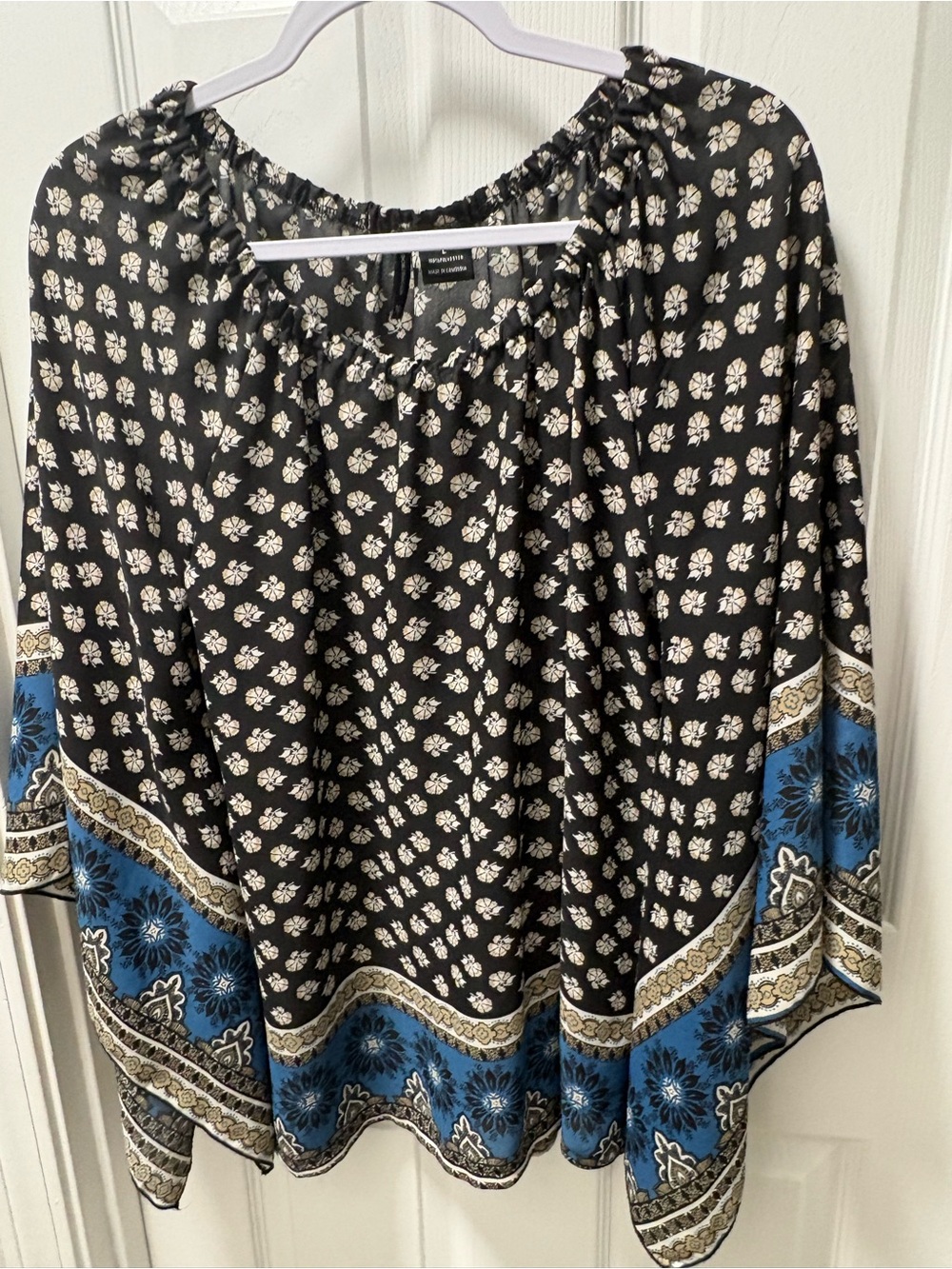 new directions Black Floral Border Peasant Blouse with Blue Accents